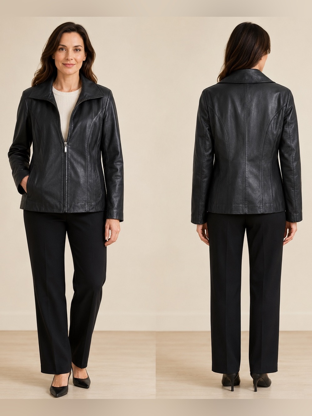 East 5th Genuine Leather Women's Black Timeless Jacket Zip Up Coat Pockets Y2K L